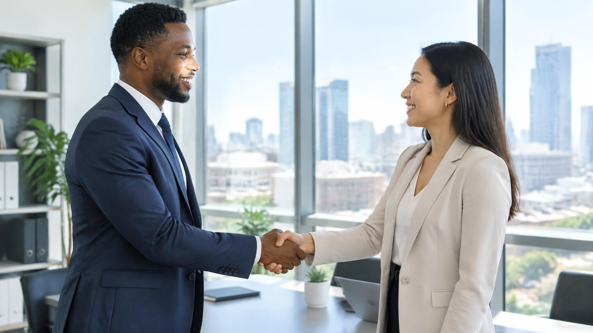 Two professionals shaking hands in an office