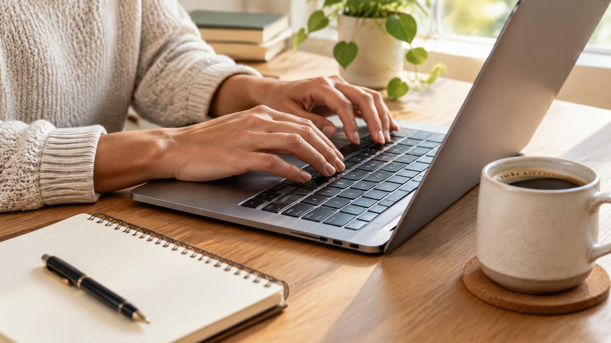 Hands typing on a laptop keyboard at a desk