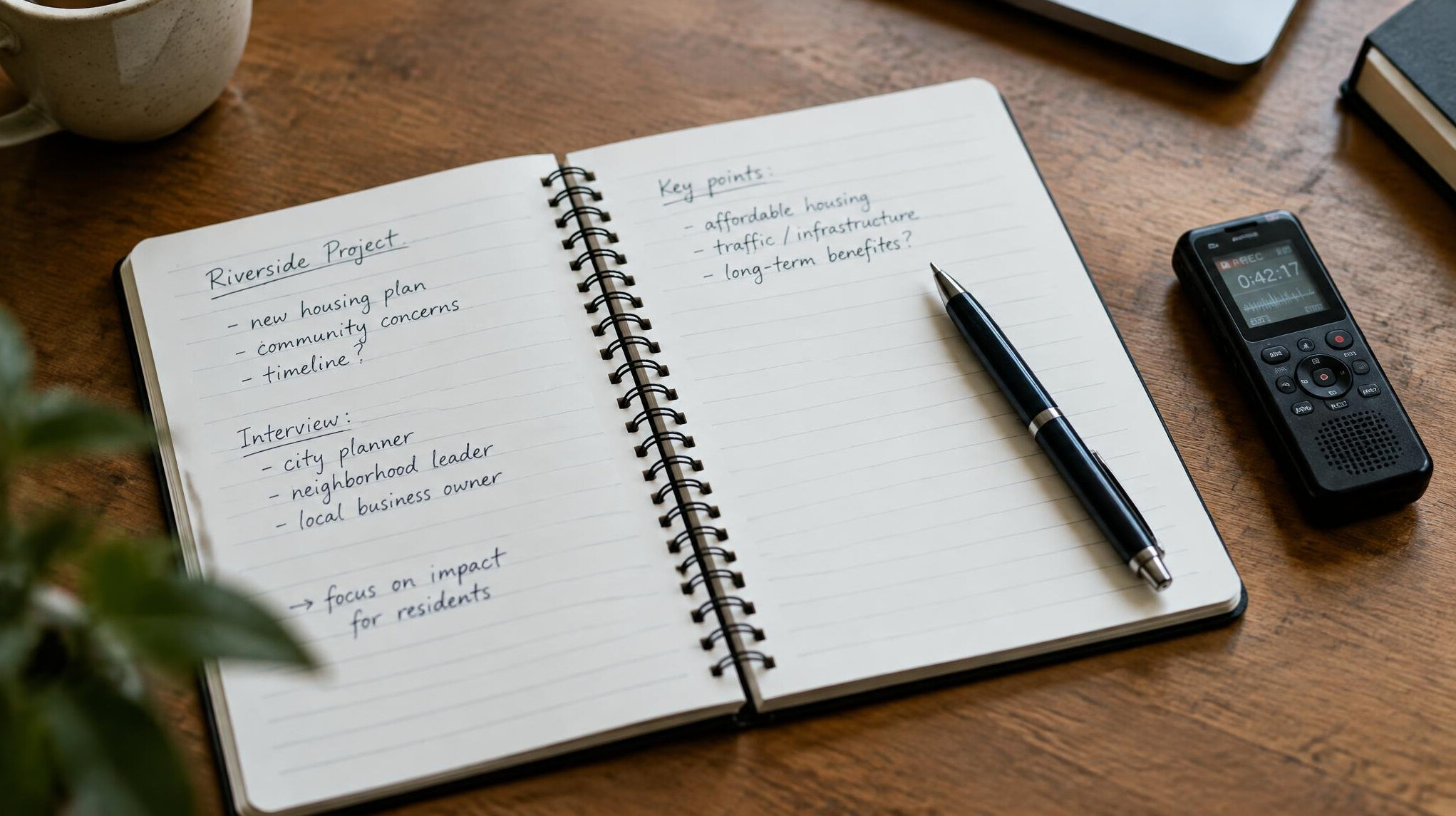 Open notebook with a pen and a recorder on a desk